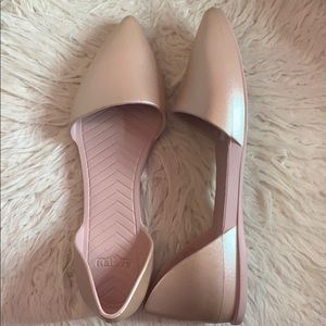 Native ladies flat slip on champagne colored shoes